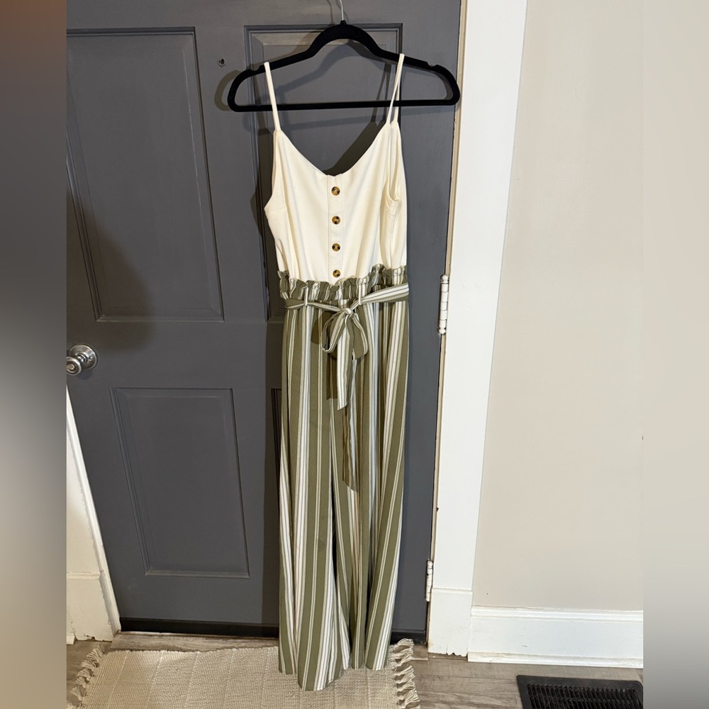 Blue Rain Olive & Cream Button-Front Striped Jumpsuit